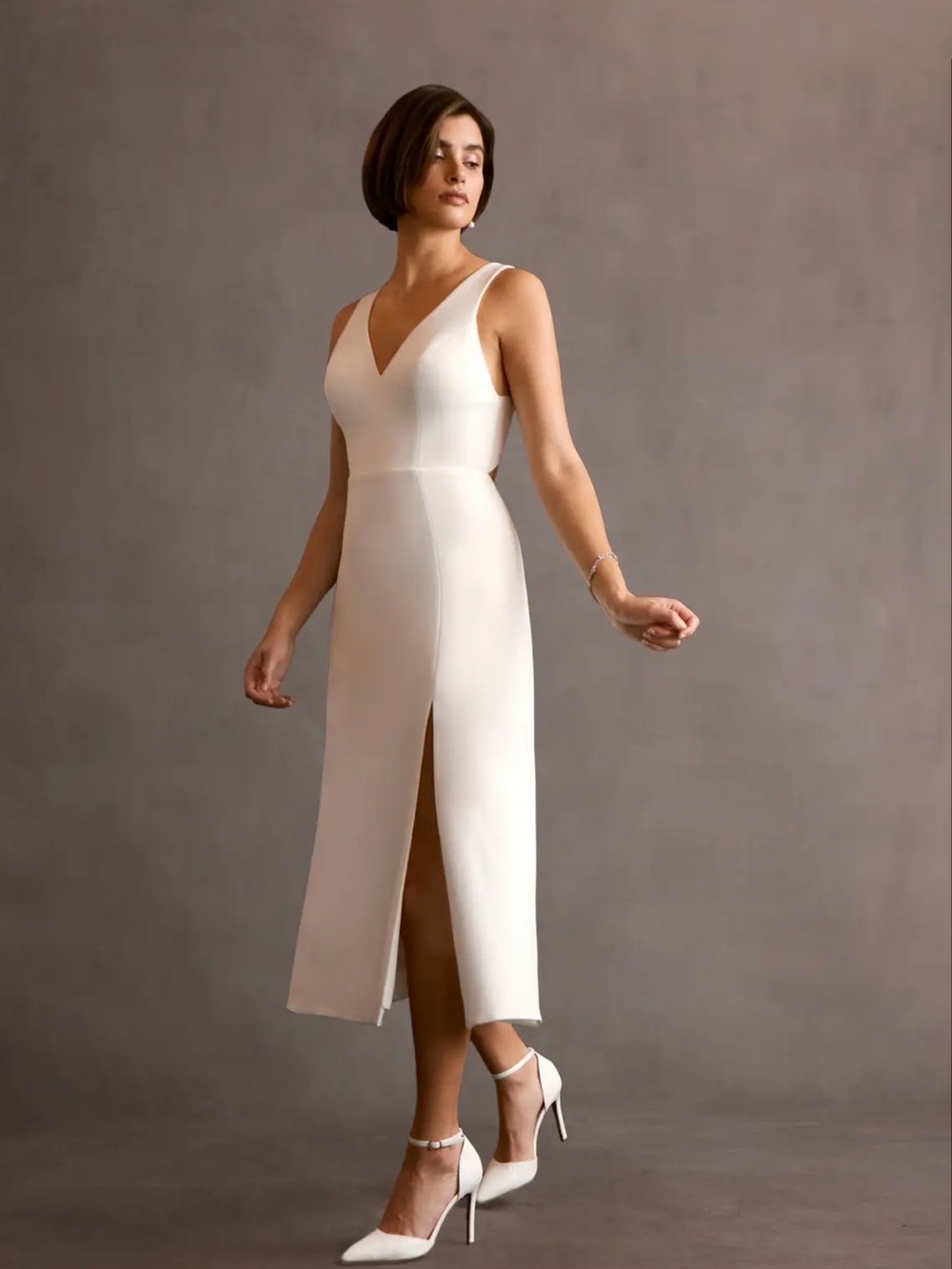 Azazie Elegant V-Neck Cream Midi Dress NWT 16W